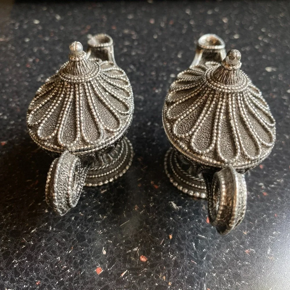 Vintage Florenza Aladdin Genie Lamp Trinket Ring Pill Box Set of 2 Silver Tone